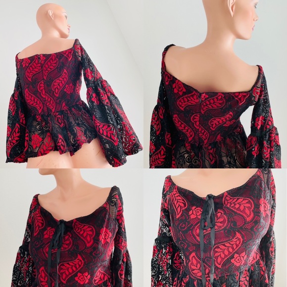 NWT $155 ROMEO & JULIET COUTURE Bohemian Black and Red LACE PEASANT TOP S - Picture 8 of 11